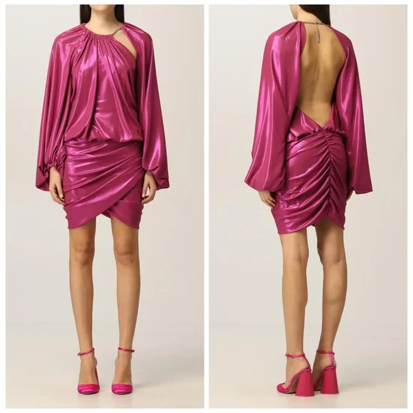 THE ATTICO Karen Mini Dress Pink Violet Lamé Cutout Cocktail US 4 IT 40 chain - Picture 2 of 16